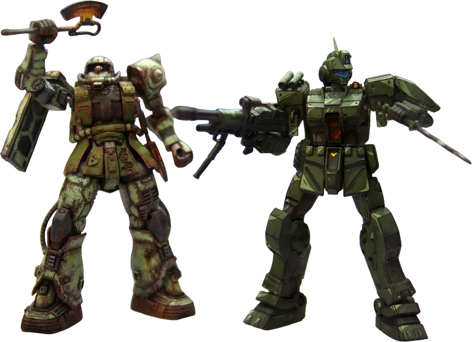 Two green customised models with painted and weathered finishes