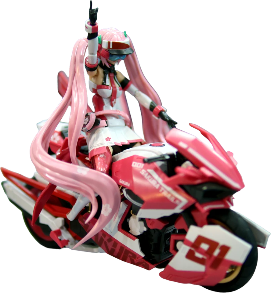 Pink-haired character model posed on a pink and white motorcycle