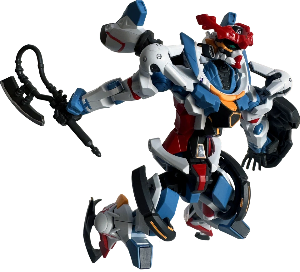 Blue, white and red straight-built model posed with an axe